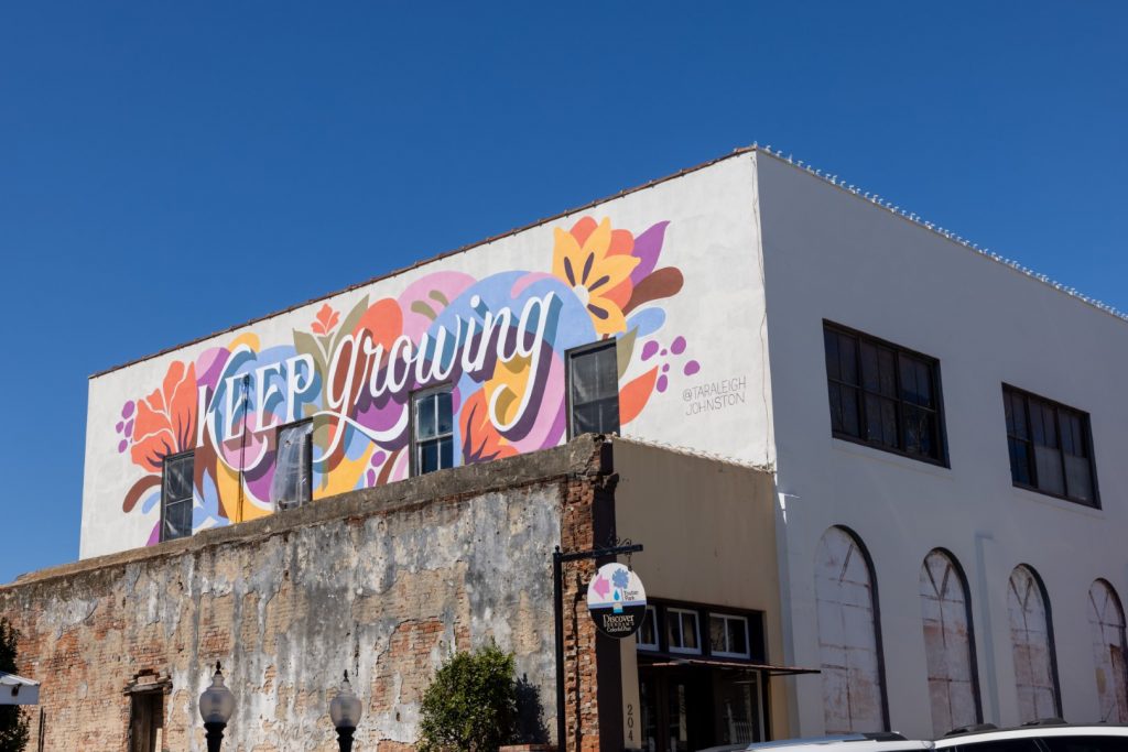 Keep Growing - text of a mural on the second floor of the old Opera House in Down Town Brenham near Toubin Park